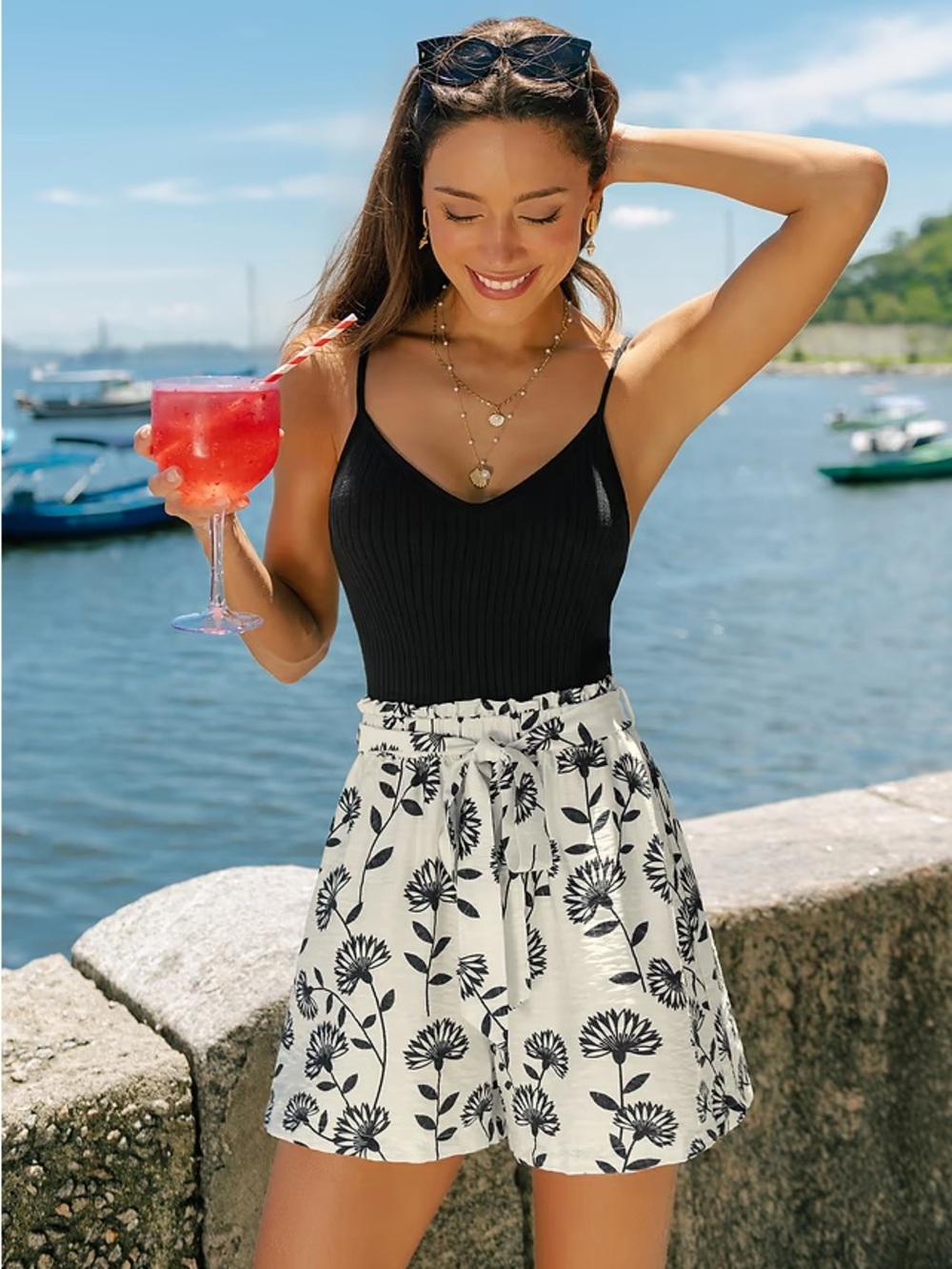 Cupshe Black Ribbed V‑Neck Romper with White Floral Shorts- SMALL, BRAND NEW - Picture 3 of 8